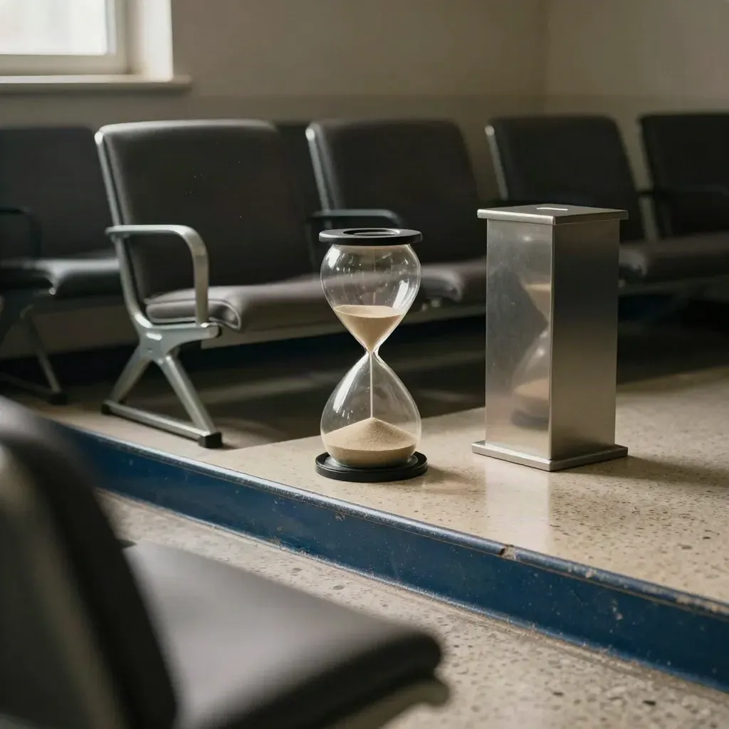 Uurglas met halfgevallen zand naast lege wachtkamerstoelen en tickettafeltje in diepblauw licht.