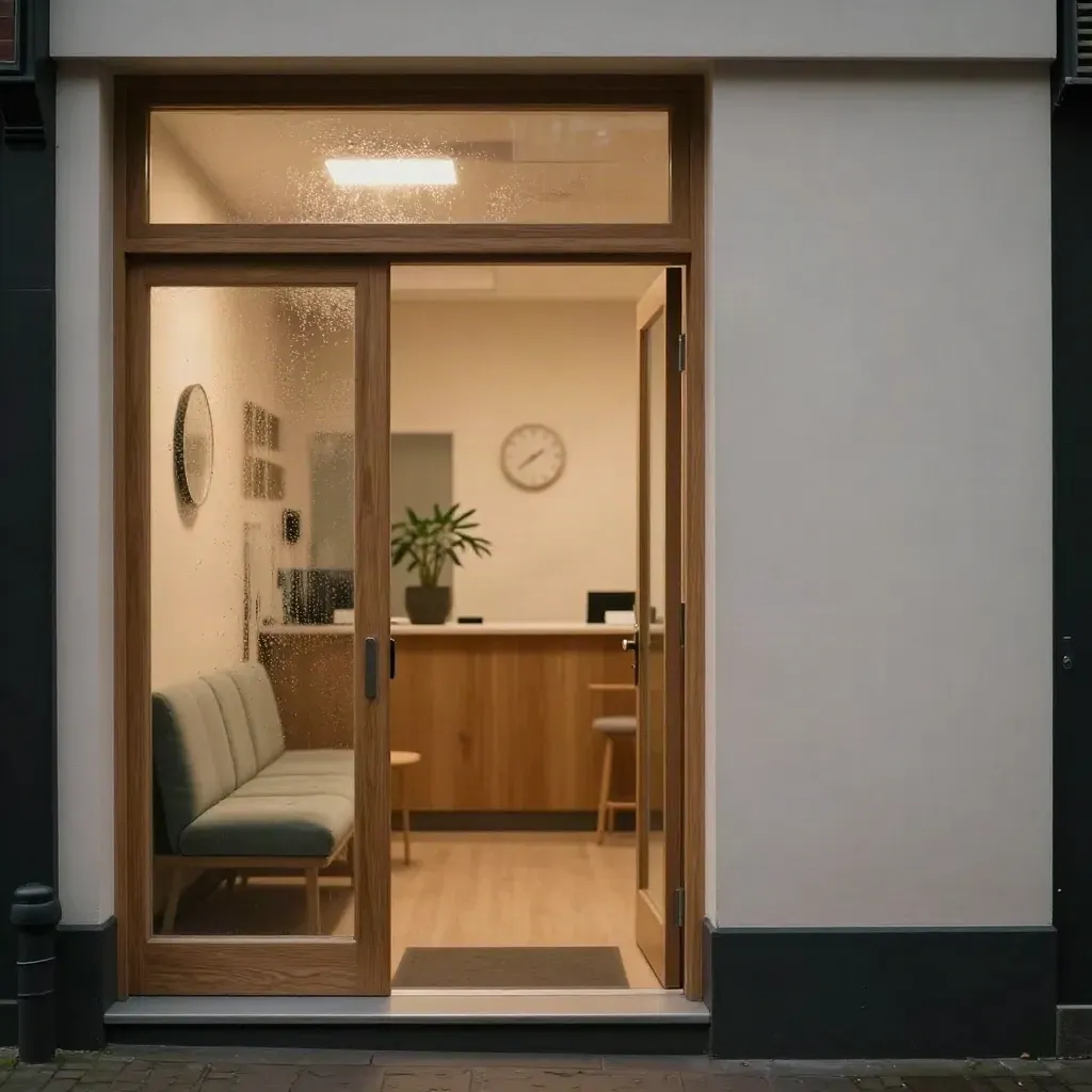 Rustige Nederlandse huisartsenpraktijk met warme entree, wachtbank en licht in de gang.