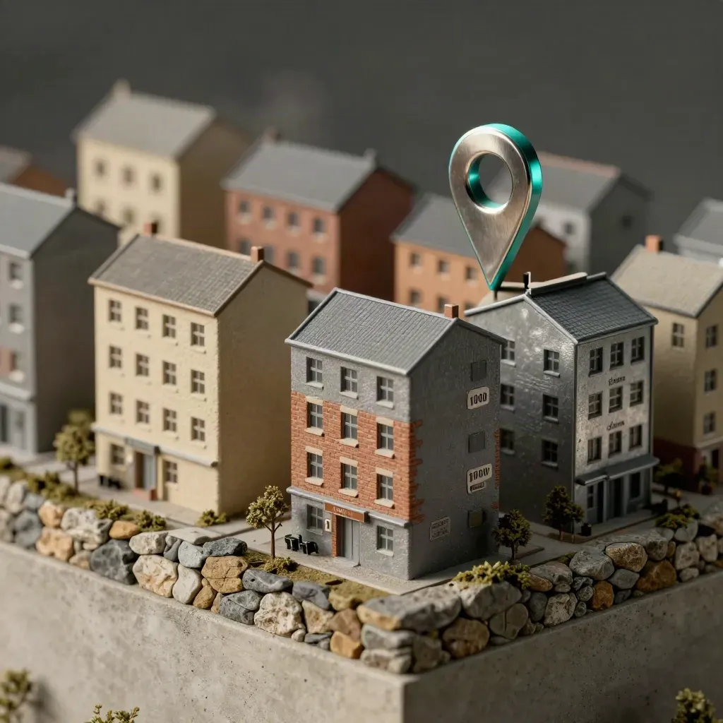Miniatuurpraktijken op stenen plint met locatiepin in dramatisch licht en nevel.