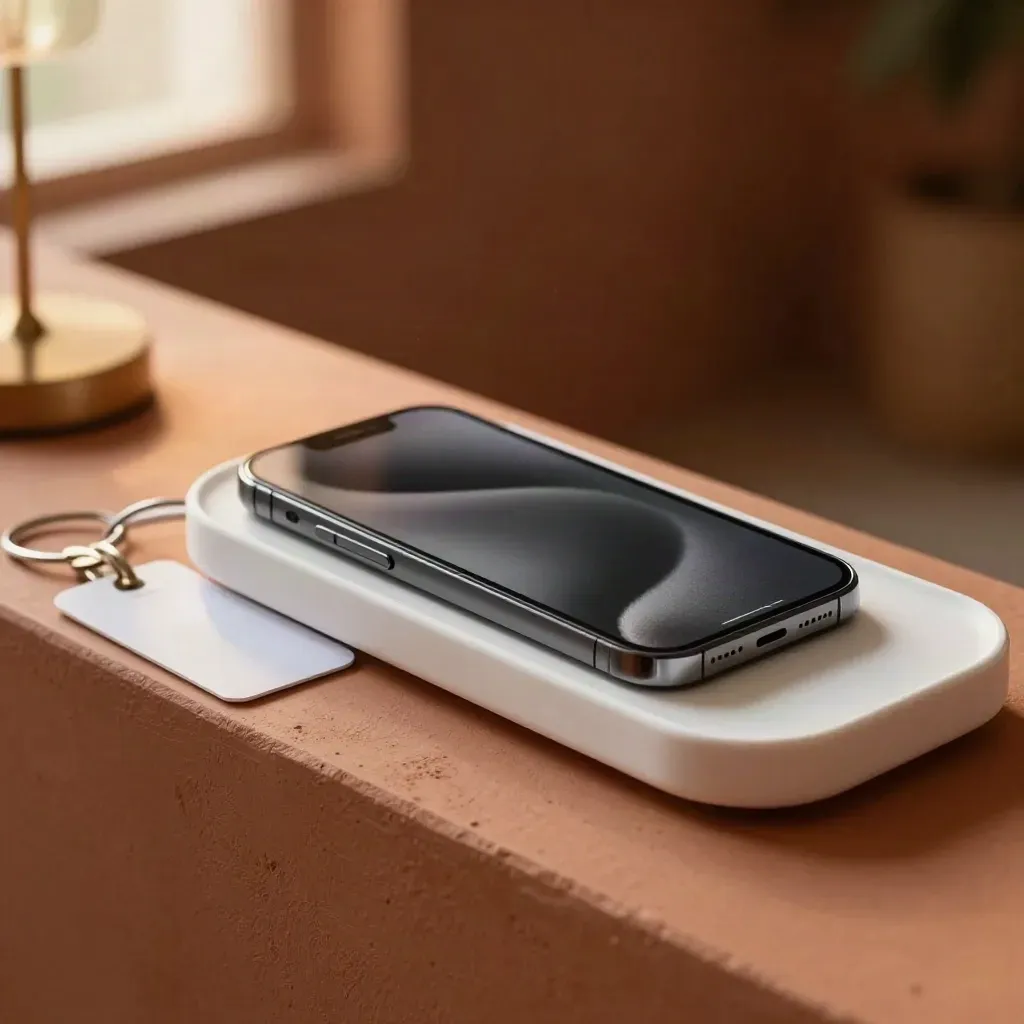 Smartphone op draadloze dock naast clinicuspas en witte schaal in warme receptieruimte.