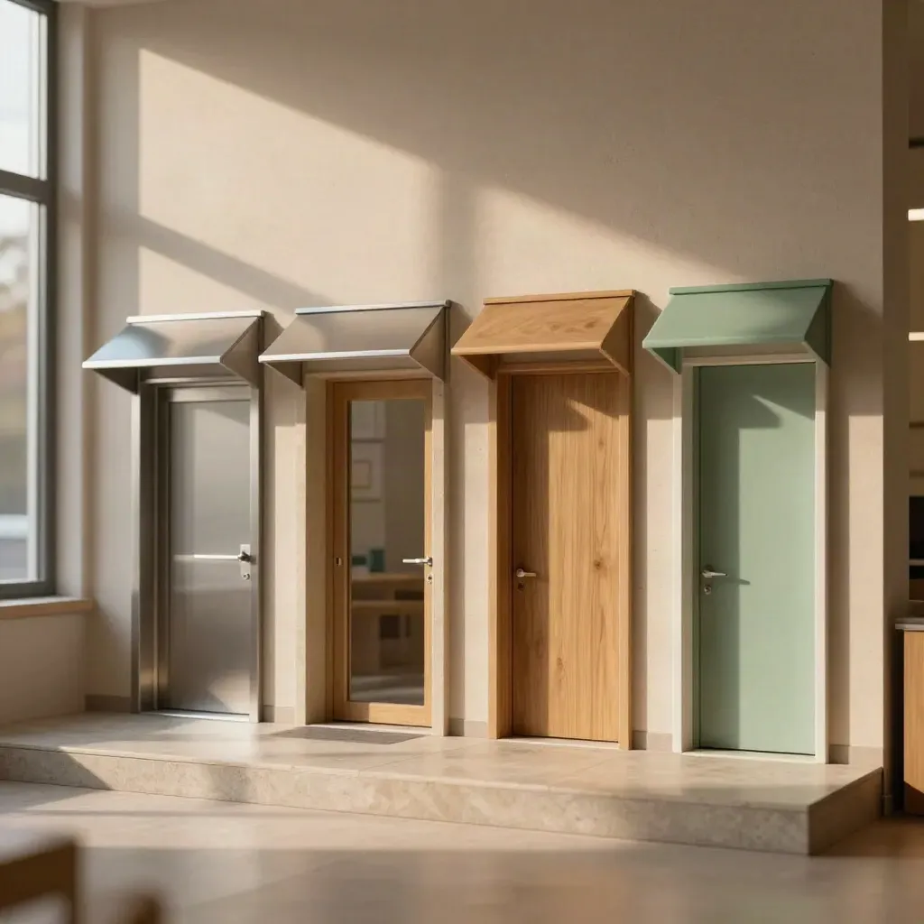 Vier kleine huisartsenpraktijken naast elkaar op een stenen sokkel, warm verlicht.
